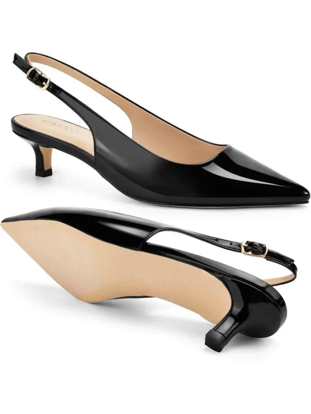 Women's Black Kitten Heel Slingback Pointed Closed Toe Ankle Strap Elegant Shoes